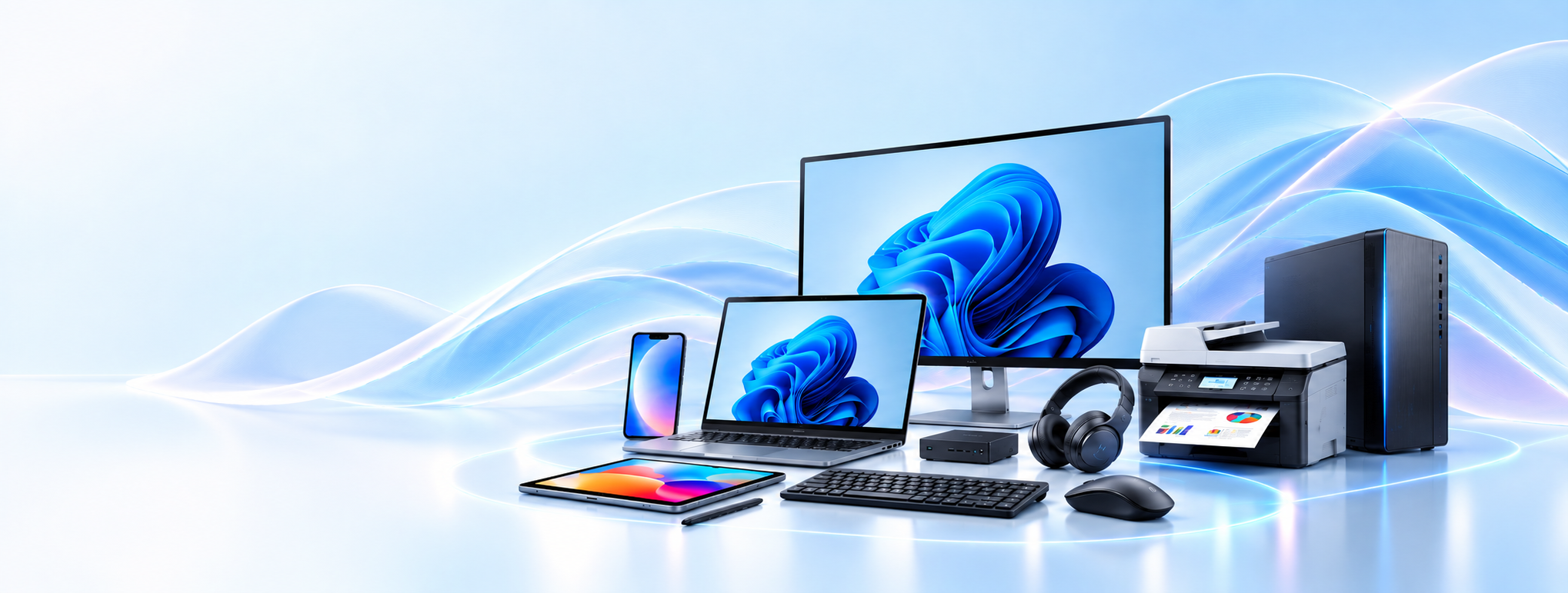 Vetrina tecnologica con computer, notebook, stampante e accessori
